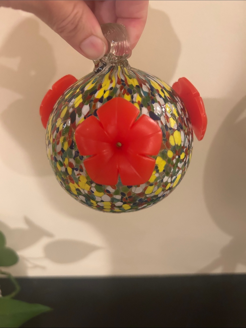 Handblown Multicolor Glass hummingbird feeder with 3 removable flower ports
